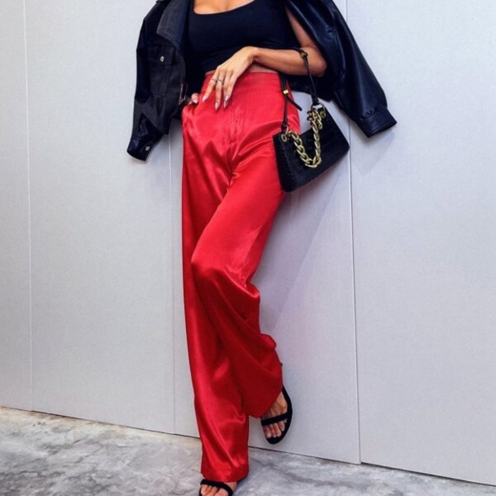 RED High Waist Satin Pants - Picture 2 of 8